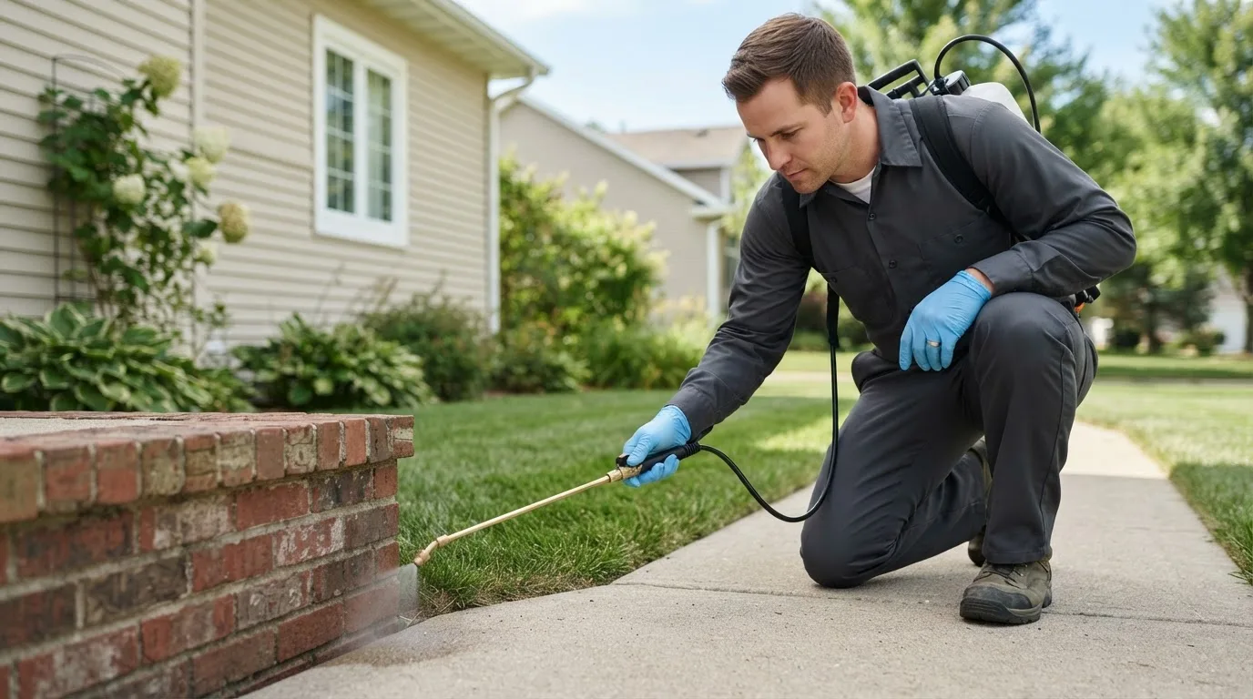 Pest control technician treating a home in Maine
